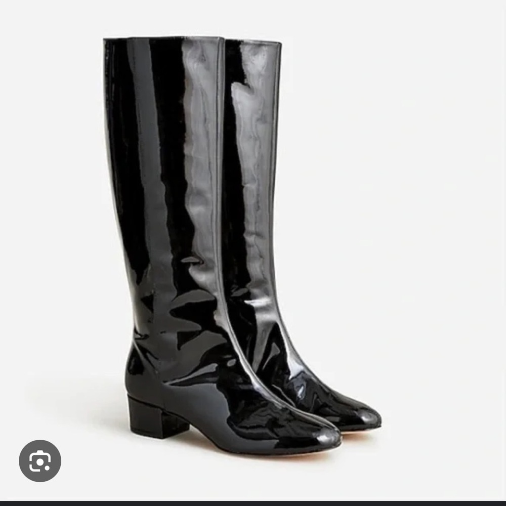 New in Box J Crew Women’s Black Patent Leather Boots Classic Italian Chunky Heel